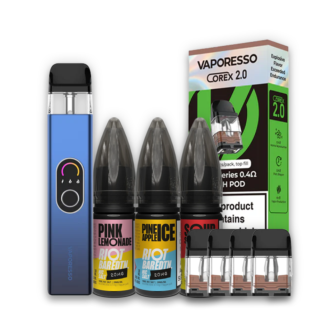 Vaporesso XROS 4 Vape Device with 3 Riot Bar Edition Nic Salts and 4 Replacement Vaporesso XROS Corex 2.0 vape pods.