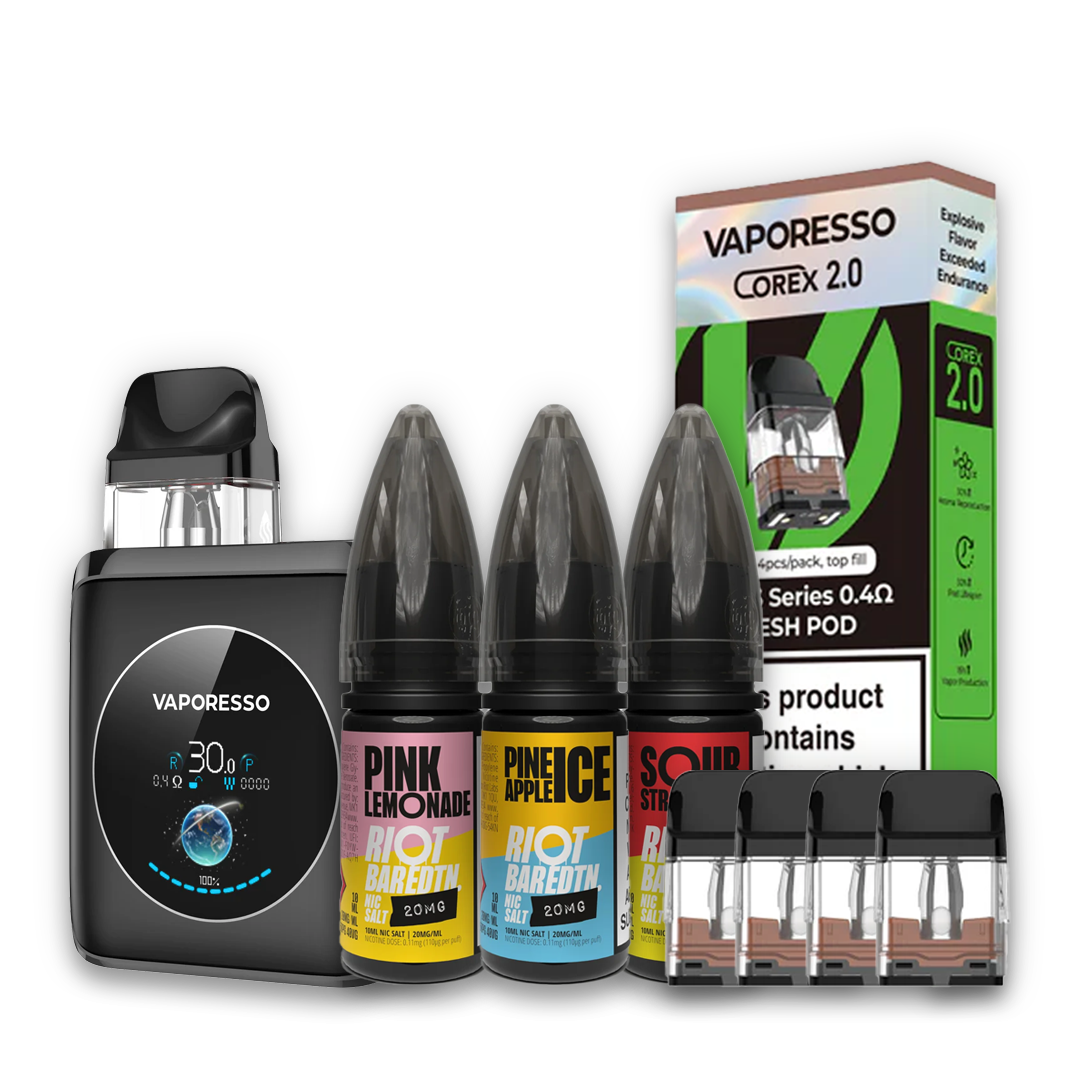 Vaporesso XROS 4 Nano Vape Kit with 3 Riot Bar Edtn Nicotine Salts and 4 Vaporesso Corex 2.0 replacement pods.