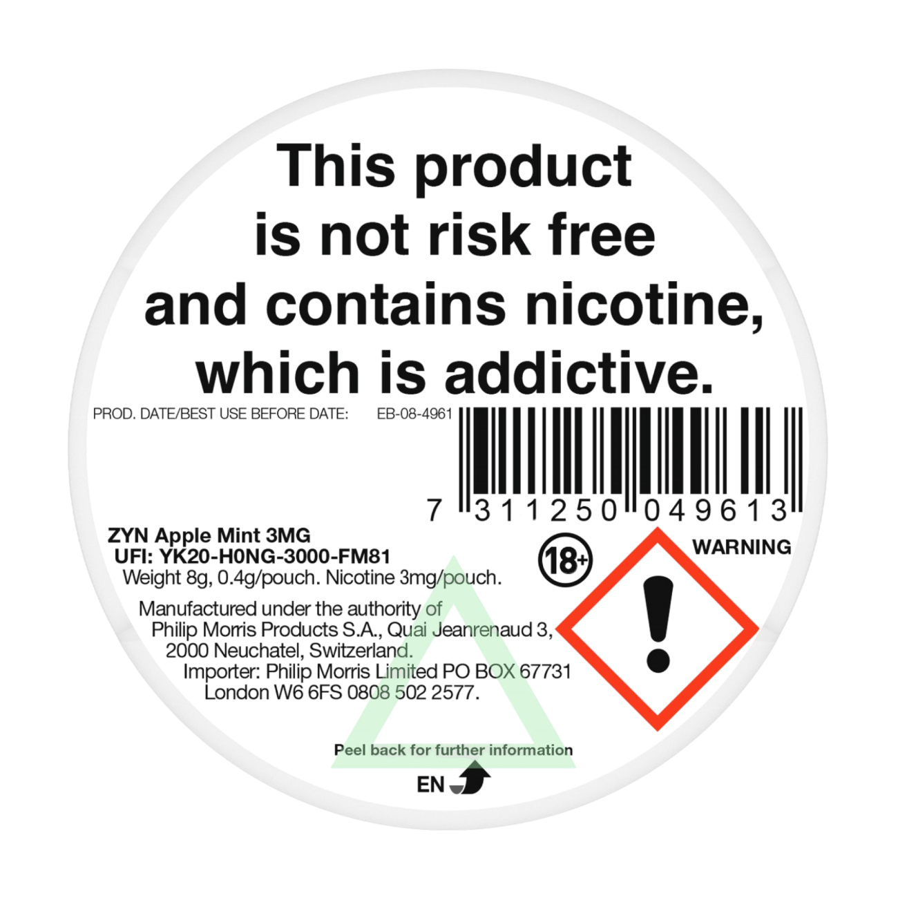 ZYN Apple Mint 3mg Nicotine Pouches - Back
