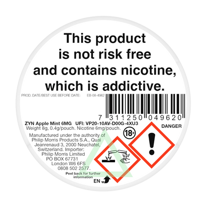 ZYN Apple Mint 6mg Nicotine Pouches - Back