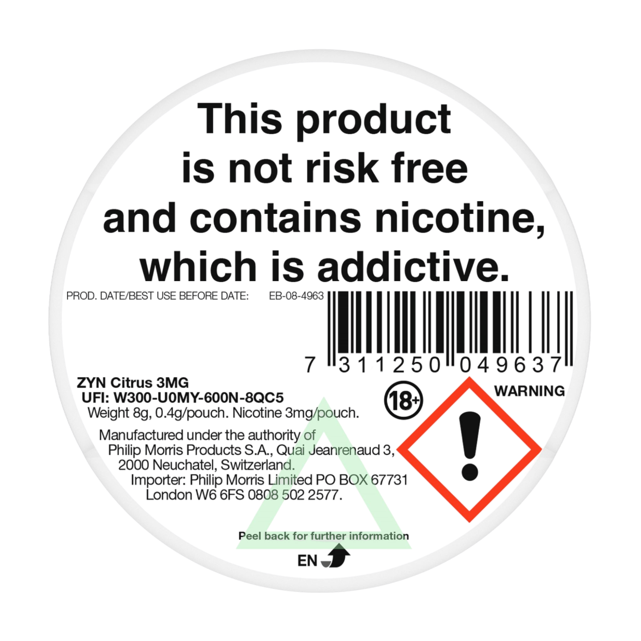 ZYN Citrus 3mg Nicotine Pouches - Back