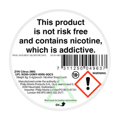 ZYN Citrus 3mg Nicotine Pouches - Back