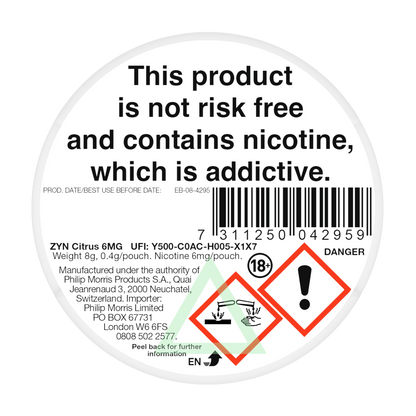 ZYN Citrus 6mg Nicotine Pouches - Back