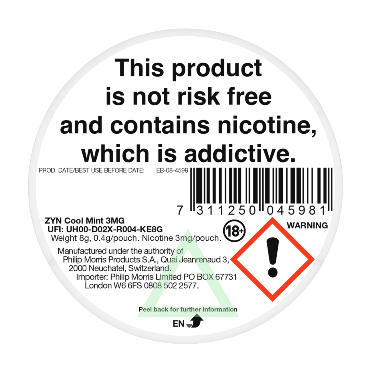 ZYN Cool Mint 3mg Nicotine Pouches - Back