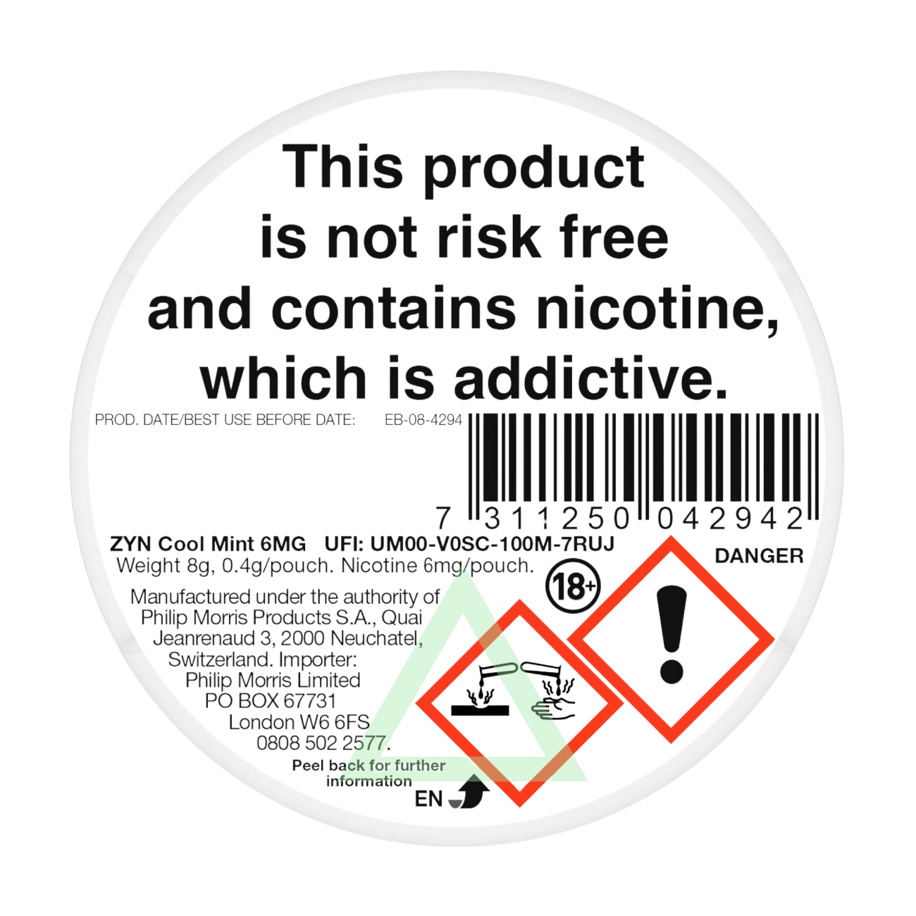 ZYN Cool Mint 6mg Nicotine Pouches - Back 