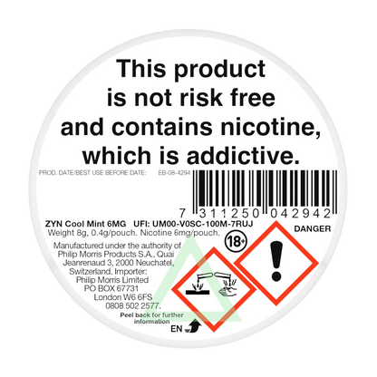 ZYN Cool Mint 6mg Nicotine Pouches - Back 