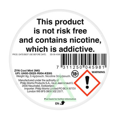 ZYN Cool Mint 9mg Nicotine Pouches - Back