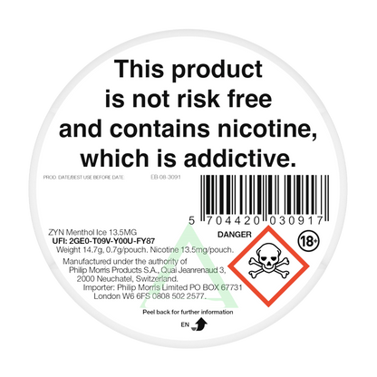 ZYN Menthol Ice 13.5mg Nicotine Pouches - Back