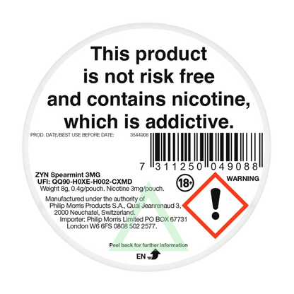 ZYN Spearmint 3mg Nicotine Pouches - Back
